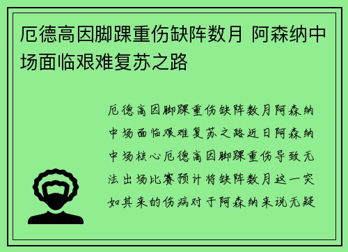 厄德高因脚踝重伤缺阵数月 阿森纳中场面临艰难复苏之路