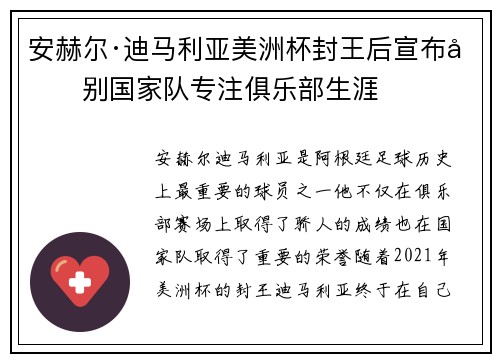 安赫尔·迪马利亚美洲杯封王后宣布告别国家队专注俱乐部生涯